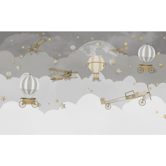 Papel pintado panorámico para niños - Infantil - Aviones Globos Aerostáticos