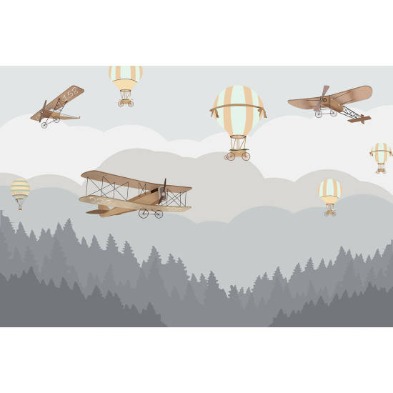 Papel pintado panorámico para niños - Infantil - Aviones Globos Aerostáticos