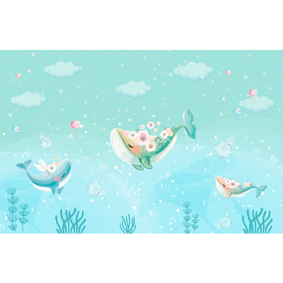 Papel pintado panorámico para niños - Infantil - Ballenas Flores