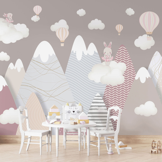 Papel pintado panorámico para niños - Infantil - Conejos en Globos Aerostáticos