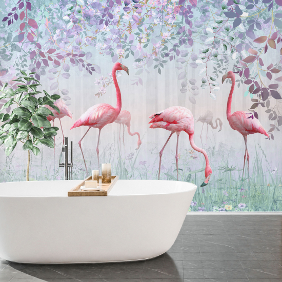 Papel pintado panorámico para niños - Infantil - Diseño de flamencos rosas