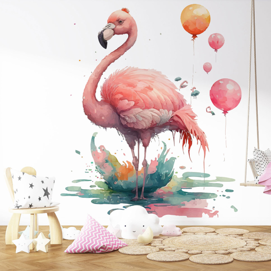 Papel pintado panorámico para niños - Infantil - Flamenco rosa globos