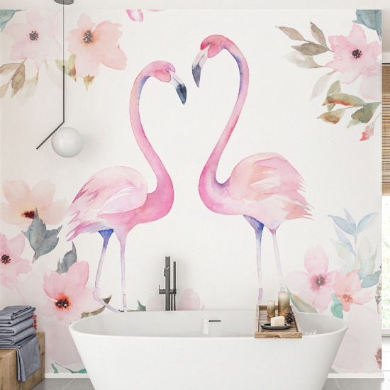 Papel pintado panorámico para niños - Infantil - Flamencos rosados Acuarela