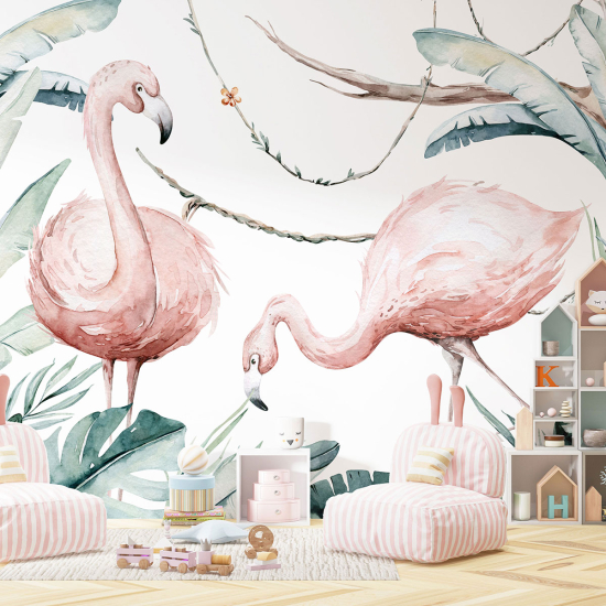 Papel pintado panorámico para niños - Infantil - Flamencos rosas