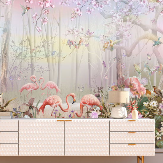 Papel pintado panorámico para niños - Infantil - Flamencos rosas