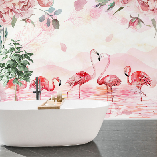 Papel pintado panorámico para niños - Infantil - Flamencos rosas Flores