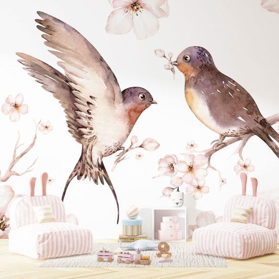 Papel pintado panorámico para niños - Infantil - Flores Pájaros