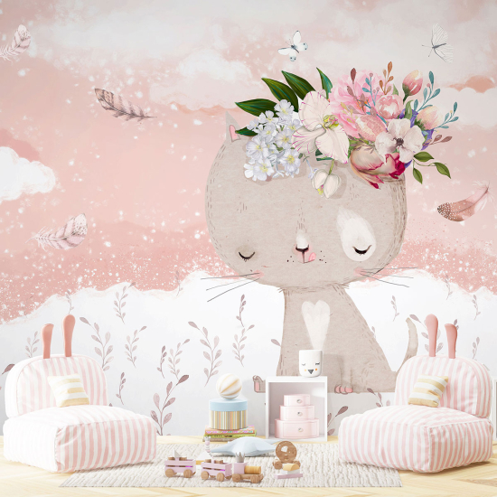 Papel pintado panorámico para niños - Infantil - Gato Flores