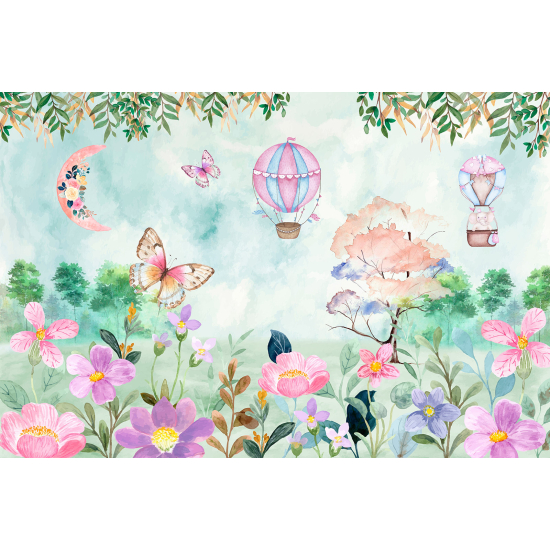 Papel pintado panorámico para niños - Infantil - Globos Aerostáticos Mariposas