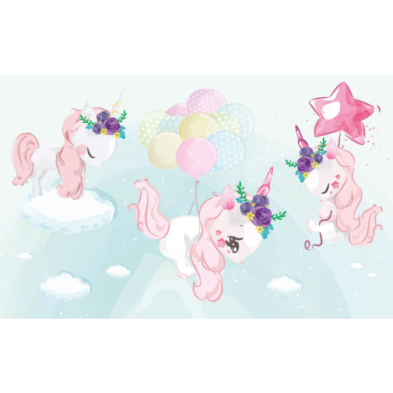 Papel pintado panorámico para niños - Infantil - Globos de Unicornios