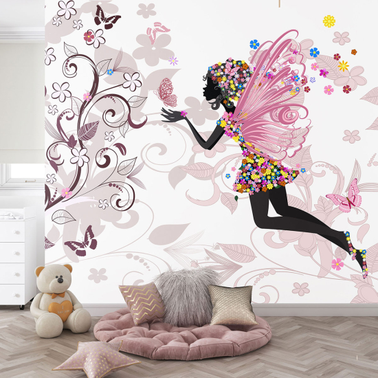 Papel pintado panorámico para niños - Infantil - Hada Flores Mariposas