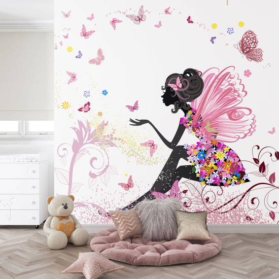 Papel pintado panorámico para niños - Infantil - Hada Flores Mariposas