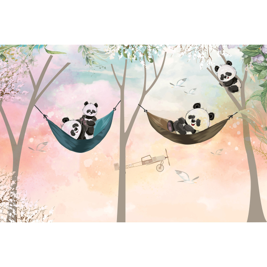 Papel pintado panorámico para niños - Infantil - Hamacas para pandas