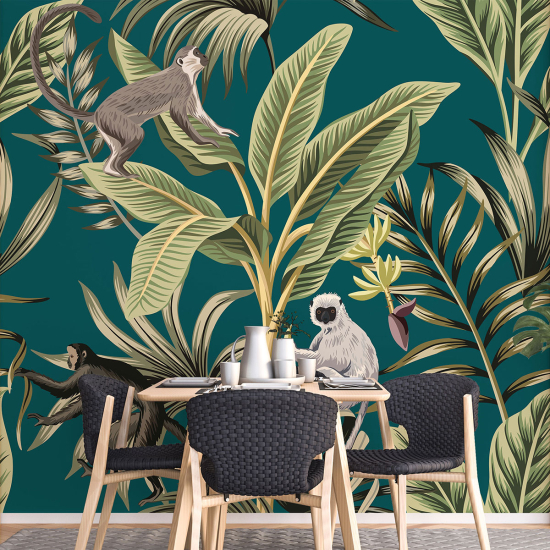 Papel pintado panorámico para niños - Infantil - Hojas tropicales Monos