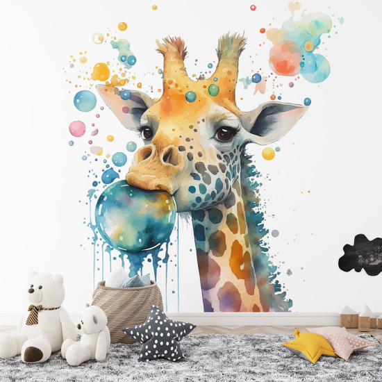 Papel pintado panorámico para niños - Infantil - Jirafa burbujas