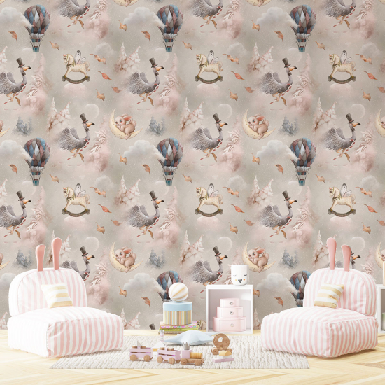 Papel pintado panorámico para niños - Infantil - Motivo Animales Globos Aerostáticos