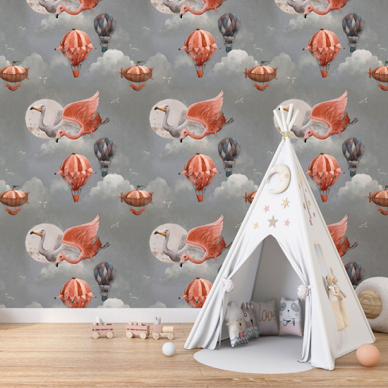 Papel pintado panorámico para niños - Infantil - Motivo Flamencos Globos Aerostáticos