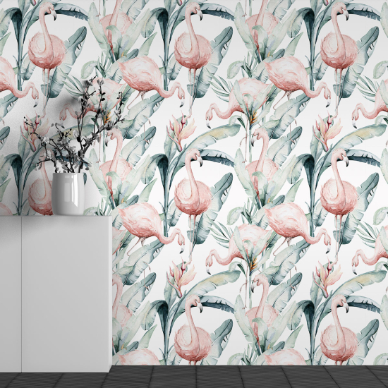 Papel pintado panorámico para niños - Infantil - Motivo Flamencos rosas