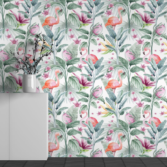 Papel pintado panorámico para niños - Infantil - Motivo Flamencos rosas