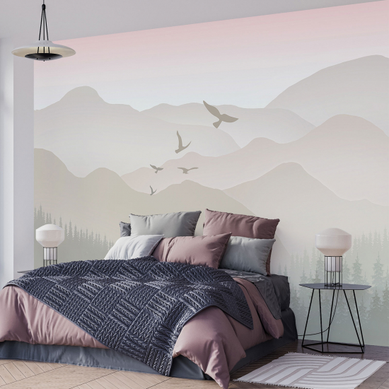 Papel pintado panorámico para niños - Infantil - Pájaros Montañas