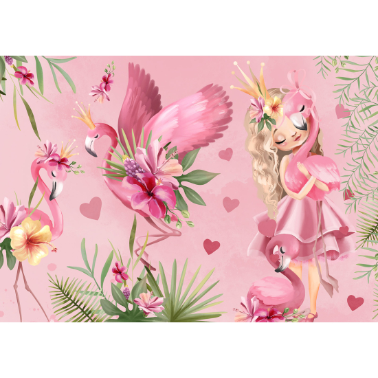 Papel pintado panorámico para niños - Infantil - Princesa Flamencos Rosas