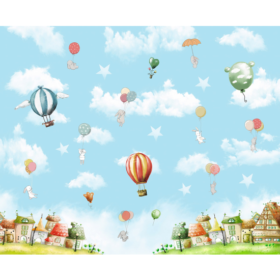 Papel pintado panorámico para niños - Infantil - Pueblo Globos Aerostáticos