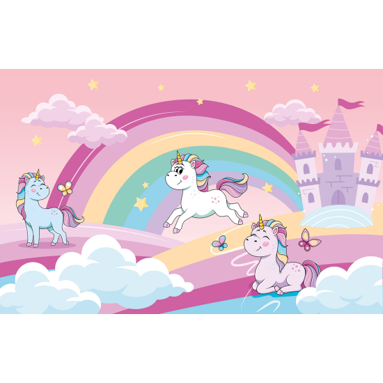 Papel pintado panorámico para niños - Infantil - Unicornios Castillo