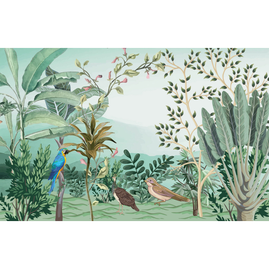 Papel pintado panorámico - Plantas tropicales Pájaros