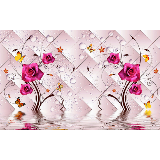 Papel pintado panorámico - Rosas Mariposas 3D