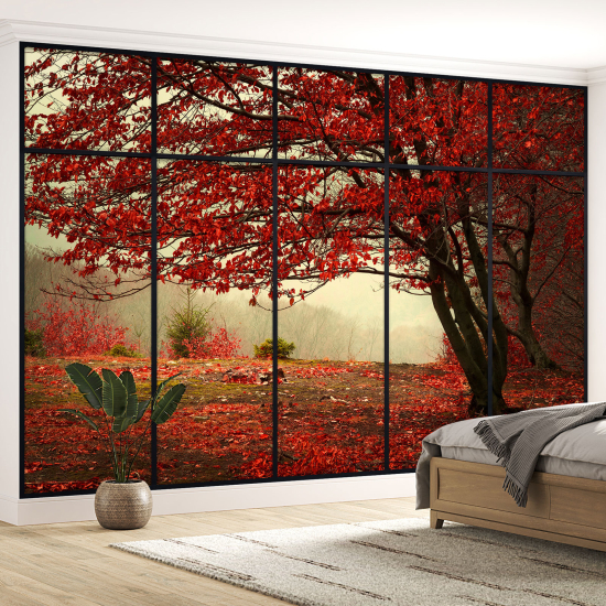 Papel pintado panorámico trampantojo - Árbol hojas rojas