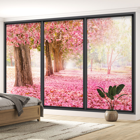 Papel pintado panorámico trampantojo - Árboles flores rosas