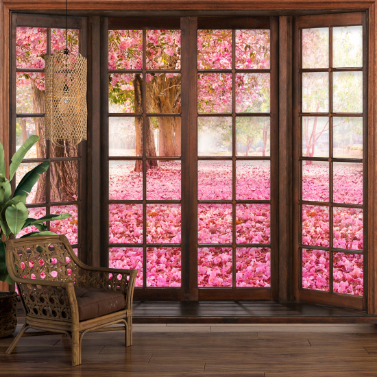 Papel pintado panorámico trampantojo - Árboles flores rosas