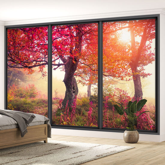 Papel pintado panorámico trampantojo - Árboles hojas rojas