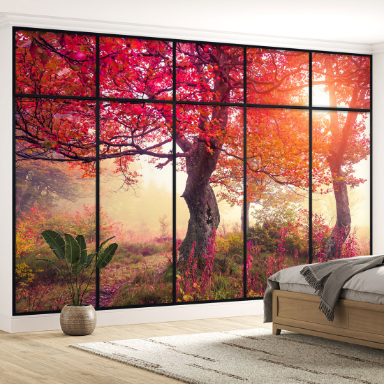 Papel pintado panorámico trampantojo - Árboles hojas rojas