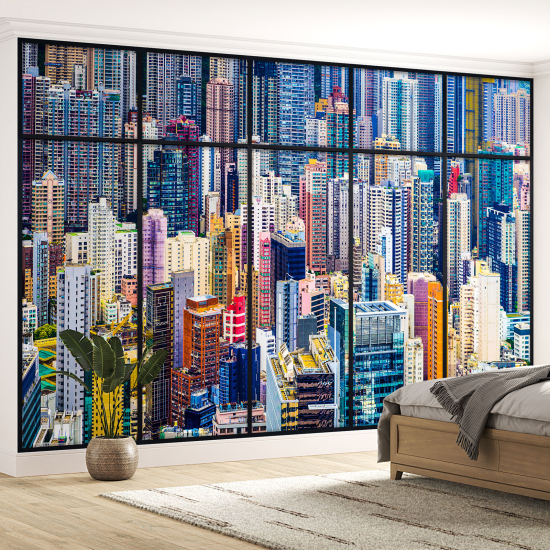 Papel pintado panorámico trampantojo - Edificios coloridos
