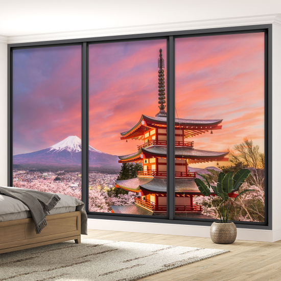 Papel pintado panorámico trampantojo - Templo japonés vista monte Fuji