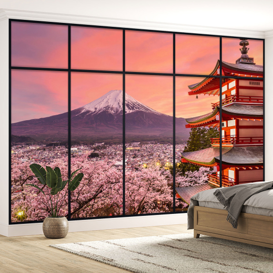 Papel pintado panorámico trampantojo - Templo japonés vista monte Fuji