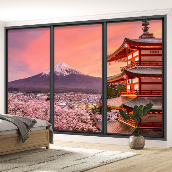 Papel pintado panorámico trampantojo - Templo vista monte Fuji