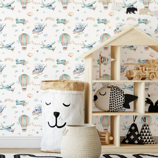 Papel pintado para niños - infantil - Aviones Globos Aerostáticos