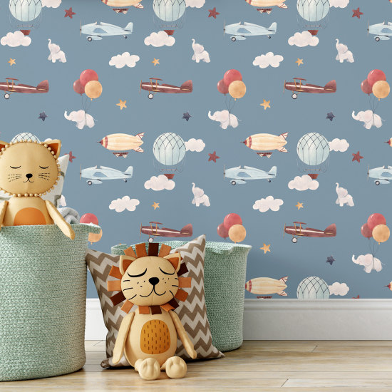 Papel pintado para niños - infantil - Aviones Globos Aerostáticos