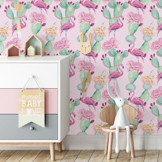 Papel pintado para niños - infantil - Cactus Flamencos Rosados