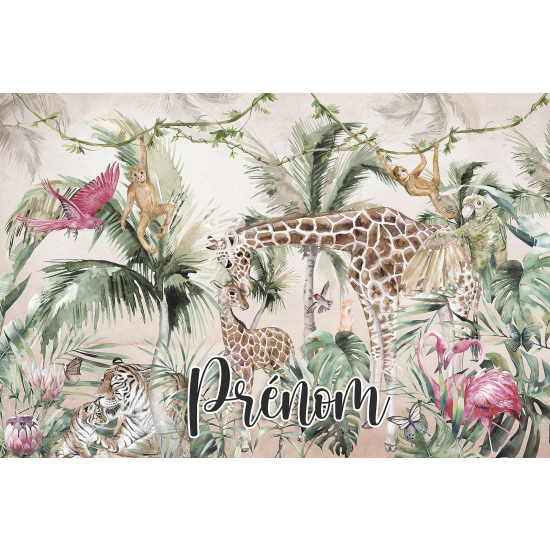 Papel pintado para niños - infantil panorámico con nombre personalizado - Animales de la Selva