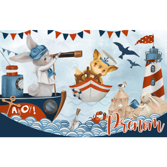 Papel pintado para niños - infantil panorámico con nombre personalizado - Animales Marinos