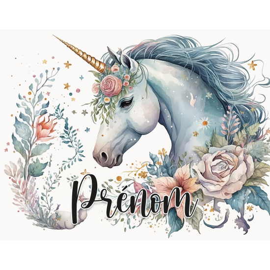 Papel pintado para niños - infantil panorámico con nombre personalizado - Flores Unicornio