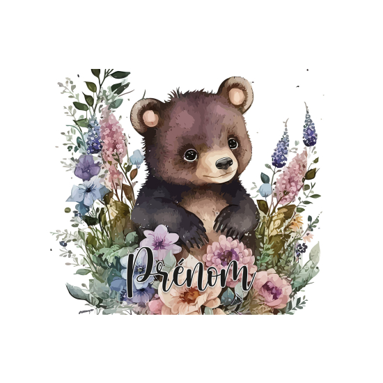 Papel pintado para niños - infantil panorámico con nombre personalizado - Osito Flores