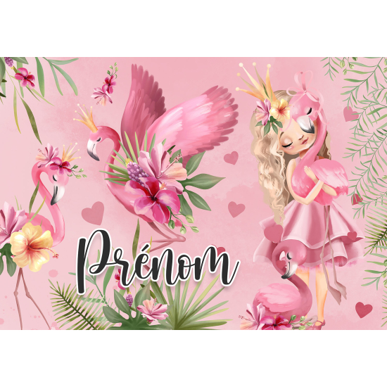 Papel pintado para niños - infantil panorámico con nombre personalizado - Princesa Flamencos Rosas