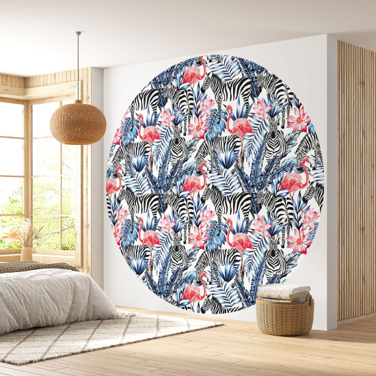 Papel pintado redondo - Cebra y flamencos rosas