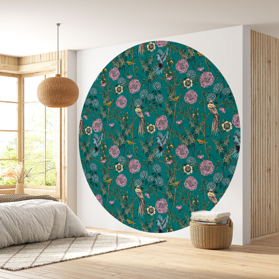 Papel pintado redondo - Flores Pájaros