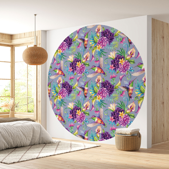 Papel pintado redondo - Flores Pájaros