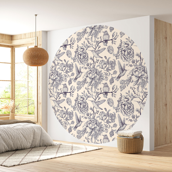 Papel pintado redondo - Flores Pájaros